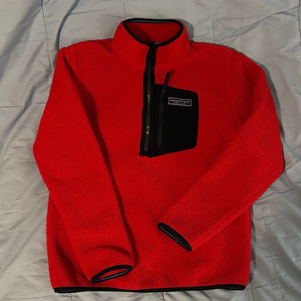 Red Fleece Pullover with Black Trim